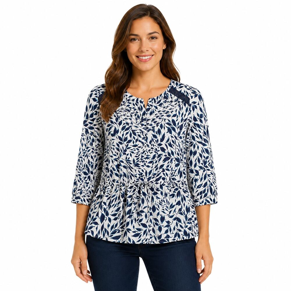 ISANI for Target - White & Navy Leaf Print Three Quarter Sleeve Peplum Top - XS
